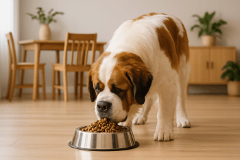 Chien : Photos prix d'un Saint-Bernard qui mange des croquettes