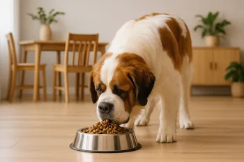 Chien : Photos prix d'un Saint-Bernard qui mange des croquettes