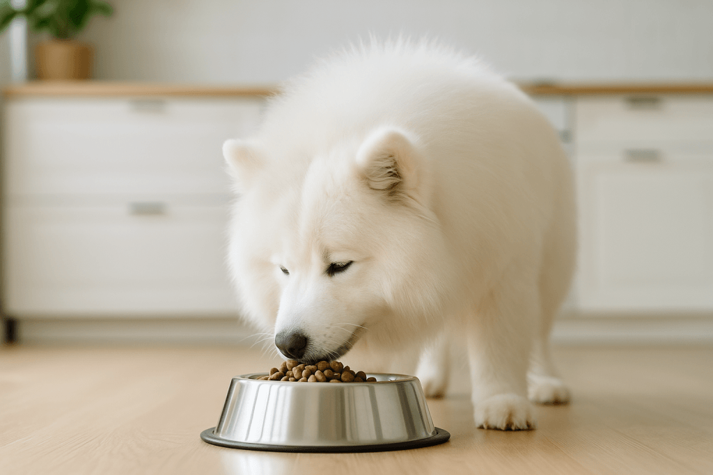 Chien : Photos prix d'un SamoyĂšde qui mange des croquettes