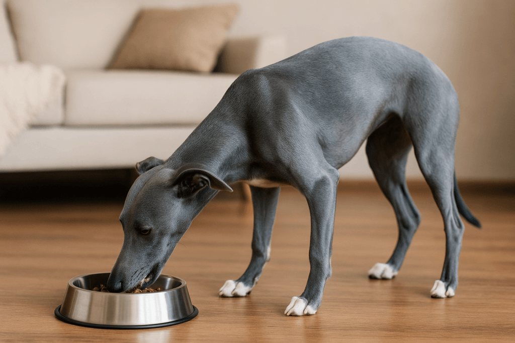 Chien : Photos prix d'un Whippet qui mange des croquettes