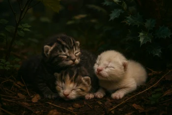 Trois chatons nouveau-nés, les yeux encore fermés, blottis dans la végétation au pied d’un arbre, en fin de journée.