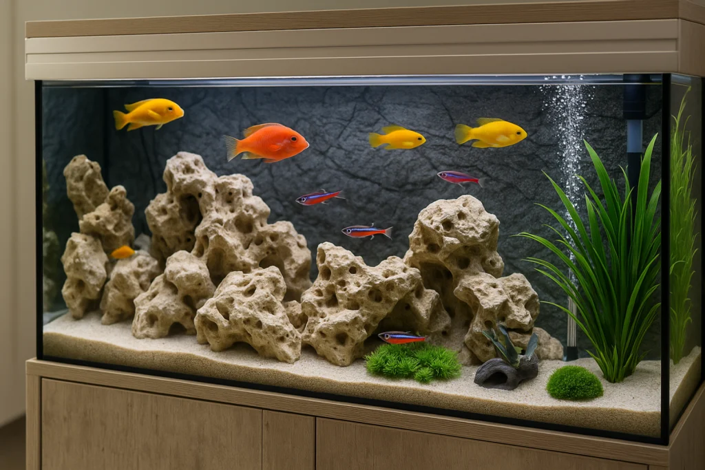 Aquarium moderne avec sable clair, pierres calcaires naturelles, plantes vertes et poissons dâeau douce tropicaux colorĂ©s (nĂ©ons et cichlidĂ©s africains), dans un meuble bois clair.