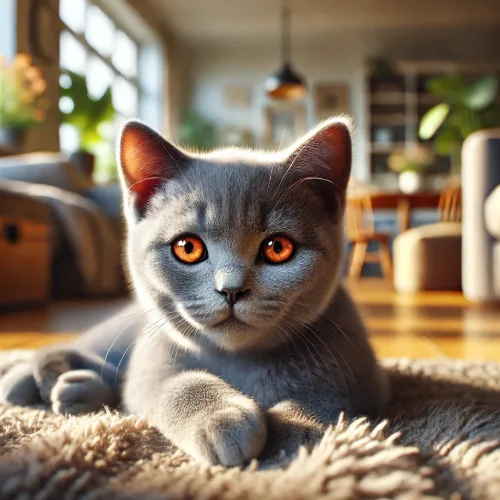 Chaton Chartreux aux yeux orangés reposant dans un intérieur chaleureux, illustrant la garde à domicile pour chaton.