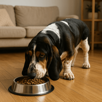 Chien : Photos prix d'un Basset Hound qui mange des croquettes