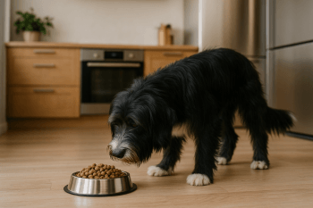 Chien : Photos prix d'un Bearded Collie qui mange des croquettes