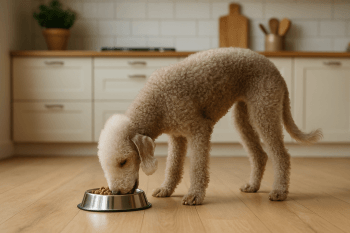 Chien : Photos prix d'un Bedlington Terrier qui mange des croquettes