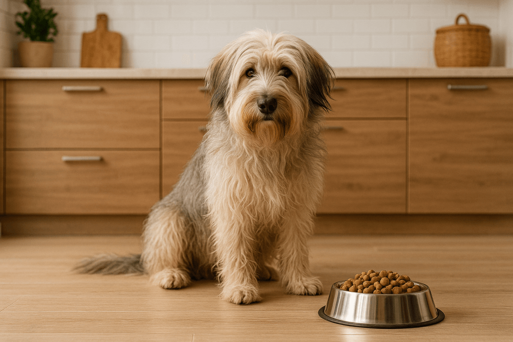 Chien : Photos prix d'un Berger Catalan qui mange des croquettes