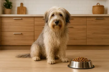 Chien : Photos prix d'un Berger Catalan qui mange des croquettes