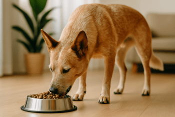 Chien : Photos prix d'un Bouvier Australien qui mange des croquettes