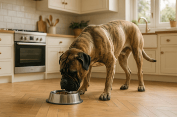 Chien : Photos prix d'un Bullmastiff qui mange des croquettes