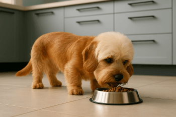 Chien : Photos prix d'un Dandie Dinmont Terrier qui mange des croquettes
