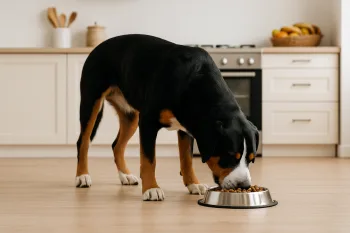 Chien : Photos prix d'un Grand Bouvier Suisse qui mange des croquettes