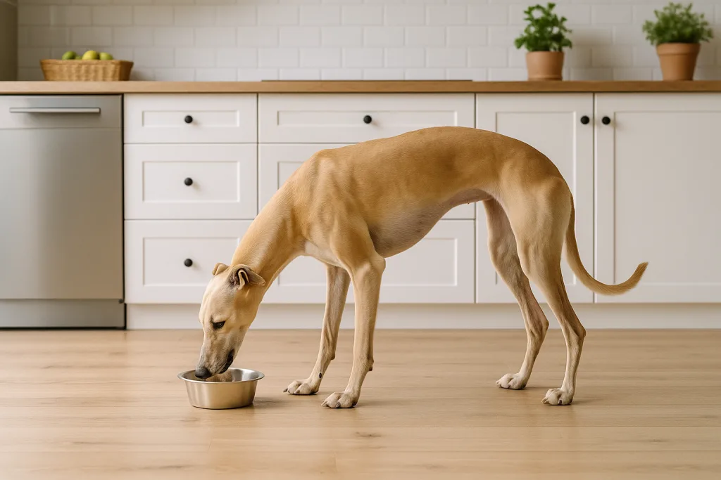 Chien : Photos prix d'un Greyhound qui mange des croquettes