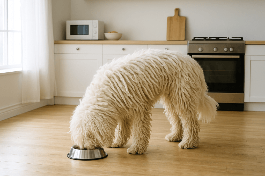 Chien : Photos prix d'un Komondor qui mange des croquettes