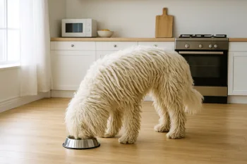 Chien : Photos prix d'un Komondor qui mange des croquettes