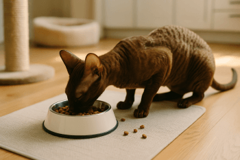 Chat : Photos prix d'un Rex de Cornouailles qui mange des croquettes