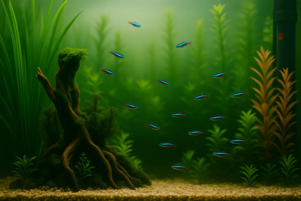 Aquarium d’eau douce planté avec guppys, néons et équipement visible en arrière-plan