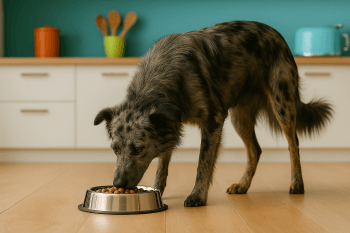 Chien : Photos prix d'un Berger des Pyrénées à Face Rase qui mange des croquettes