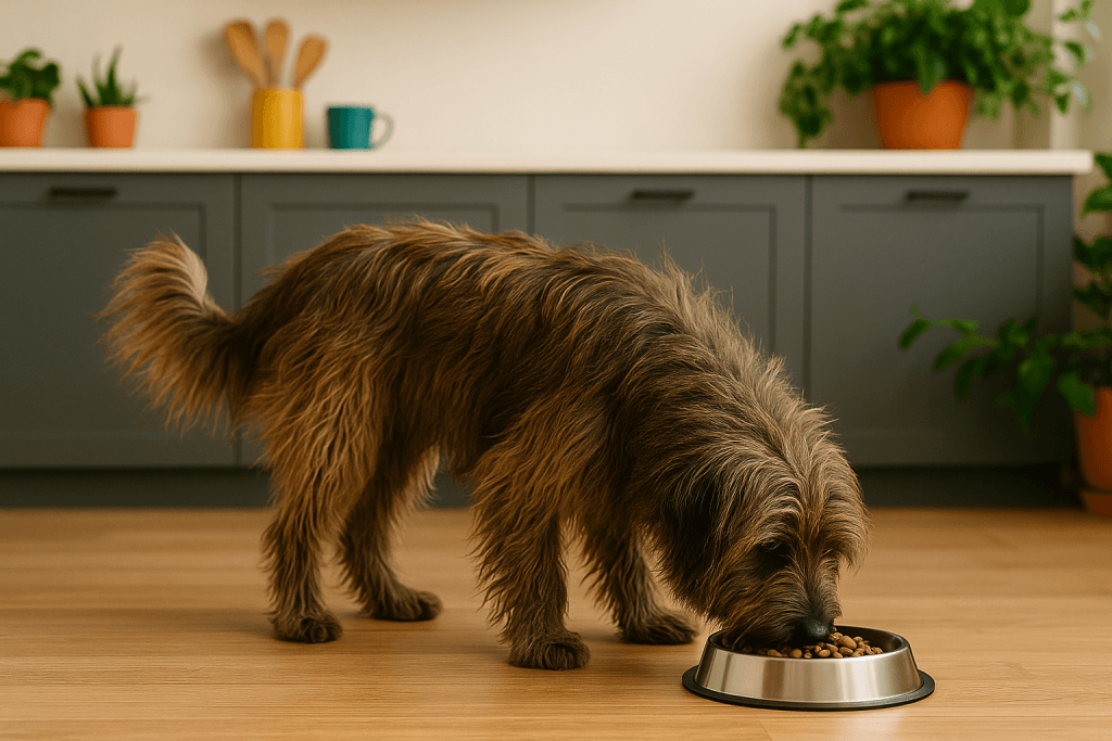 Chien : Photos prix d'un Berger des Pyrénées à Poil Long qui mange des croquettes