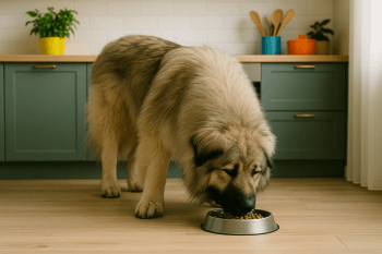 Chien : Photos prix d'un Berger du Caucase qui mange des croquettes