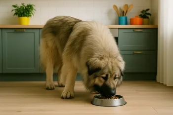 Chien : Photos prix d'un Berger du Caucase qui mange des croquettes