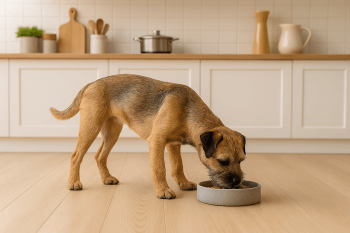 Chien : Photos prix d'un Border Terrier qui mange des croquettes