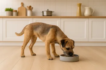 Chien : Photos prix d'un Border Terrier qui mange des croquettes