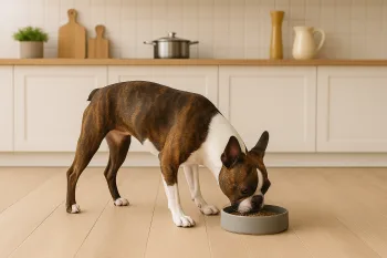 Chien : Photos prix d'un Boston Terrier qui mange des croquettes