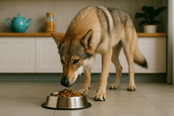 Chien : Photos prix d'un Chien-loup Tchécoslovaque qui mange des croquettes