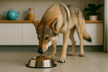 Chien : Photos prix d'un Chien-loup Tchécoslovaque qui mange des croquettes