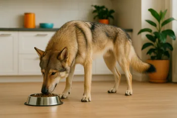 Chien : Photos prix d'un Chien-loup de Saarloos qui mange des croquettes