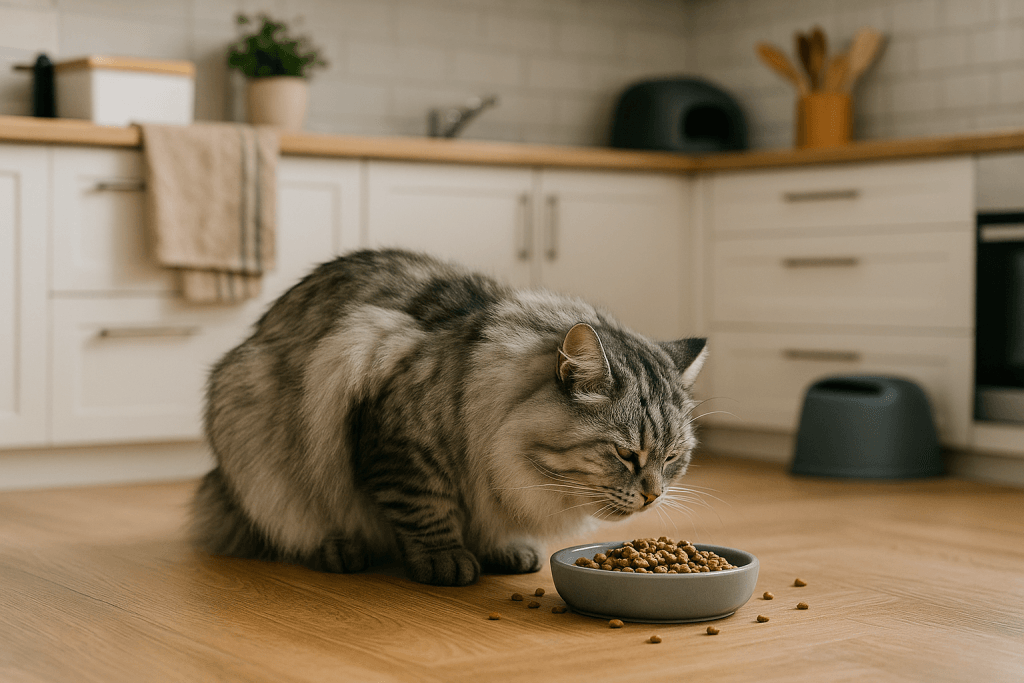 Chat : Photos prix d'un Cymric qui mange des croquettes