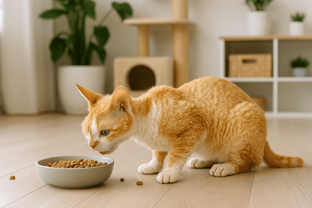 Chat : Photos prix d'un Devon Rex qui mange des croquettes