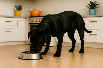 Chien : Photos prix d'un Dogue de Majorque qui mange des croquettes