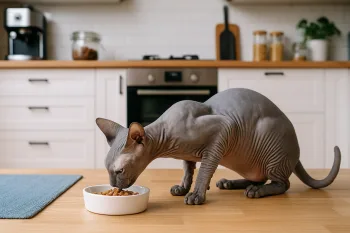 Chat : Photos prix d'un Donskoy qui mange des croquettes