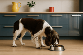 Chien : Photos prix d'un English Springer Spaniel qui mange des croquettes