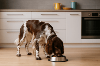Chien : Photos prix d'un Épagneul Français qui mange des croquettes