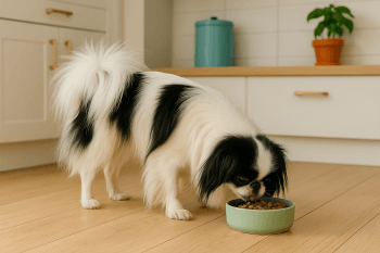Chien : Photos prix d'un Épagneul Japonais qui mange des croquettes