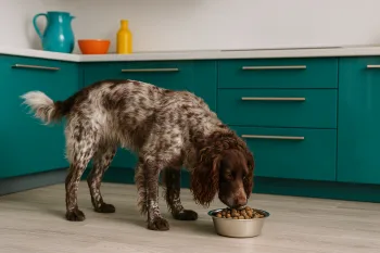 Chien : Photos prix d'un Épagneul de Pont-Audemer qui mange des croquettes