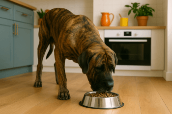 Chien : Photos prix d'un Fila Brasileiro qui mange des croquettes