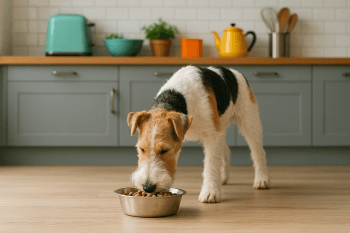 Chien : Photos prix d'un Fox-Terrier à poil dur qui mange des croquettes