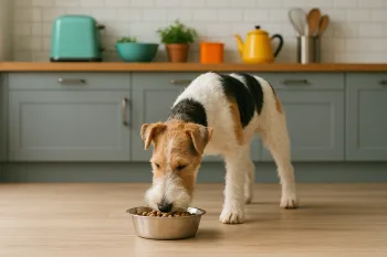 Chien : Photos prix d'un Fox-Terrier Ă poil dur qui mange des croquettes