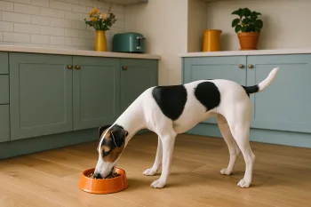 Chien : Photos prix d'un Fox-Terrier à poil lisse qui mange des croquettes