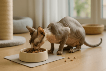 Chat : Photos prix d'un Sphynx qui mange des croquettes