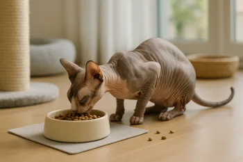 Chat : Photos prix d'un Sphynx qui mange des croquettes