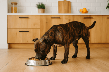 Chien : Photos prix d'un Staffordshire Bull Terrier qui mange des croquettes