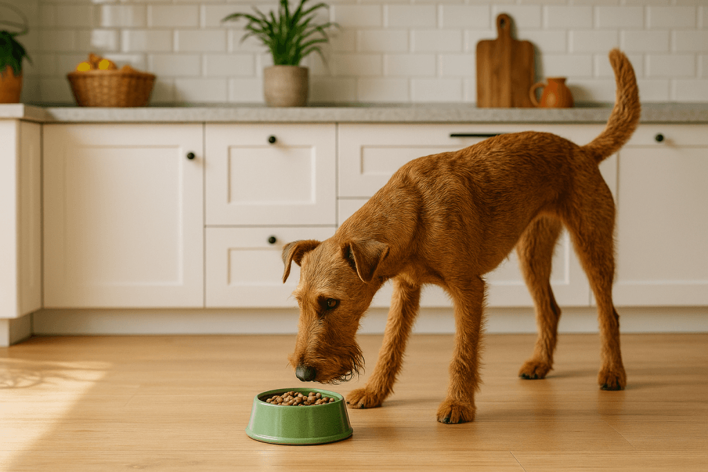 Chien : Photos prix d'un Terrier Irlandais qui mange des croquettes