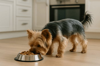 Chien : Photos prix d'un Yorkshire Terrier qui mange des croquettes