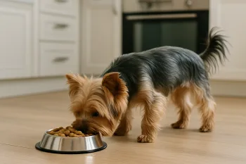 Chien : Photos prix d'un Yorkshire Terrier qui mange des croquettes