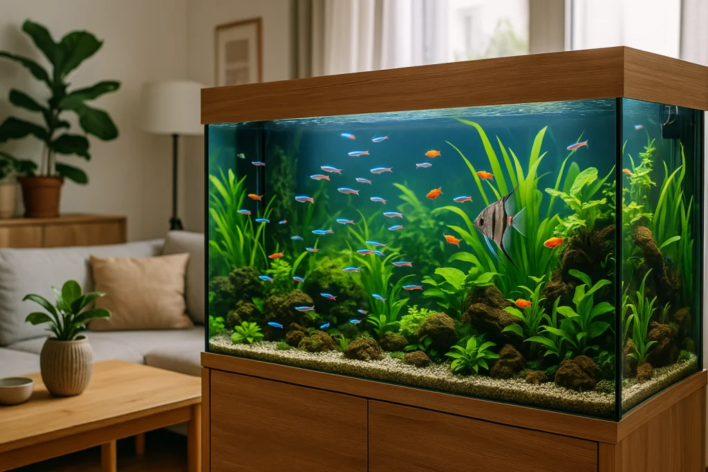 Grand aquarium dâeau douce dans un salon moderne, peuplĂ© de nĂ©ons bleus, platys rouges et scalaires, avec plantes aquatiques variĂ©es.